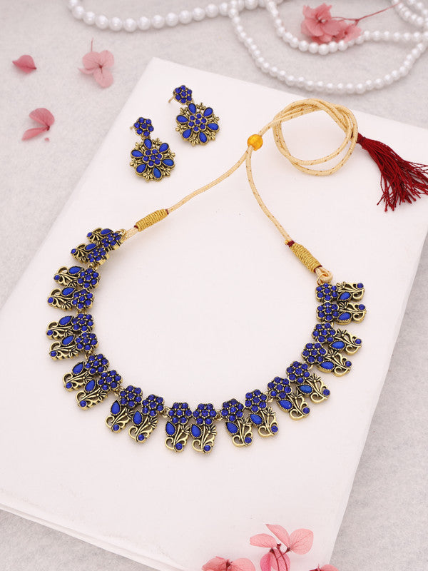 Tehzeeb Creations Luxurious Gold Polished Blue Colour Choker Necklace Set With Matching Earrings