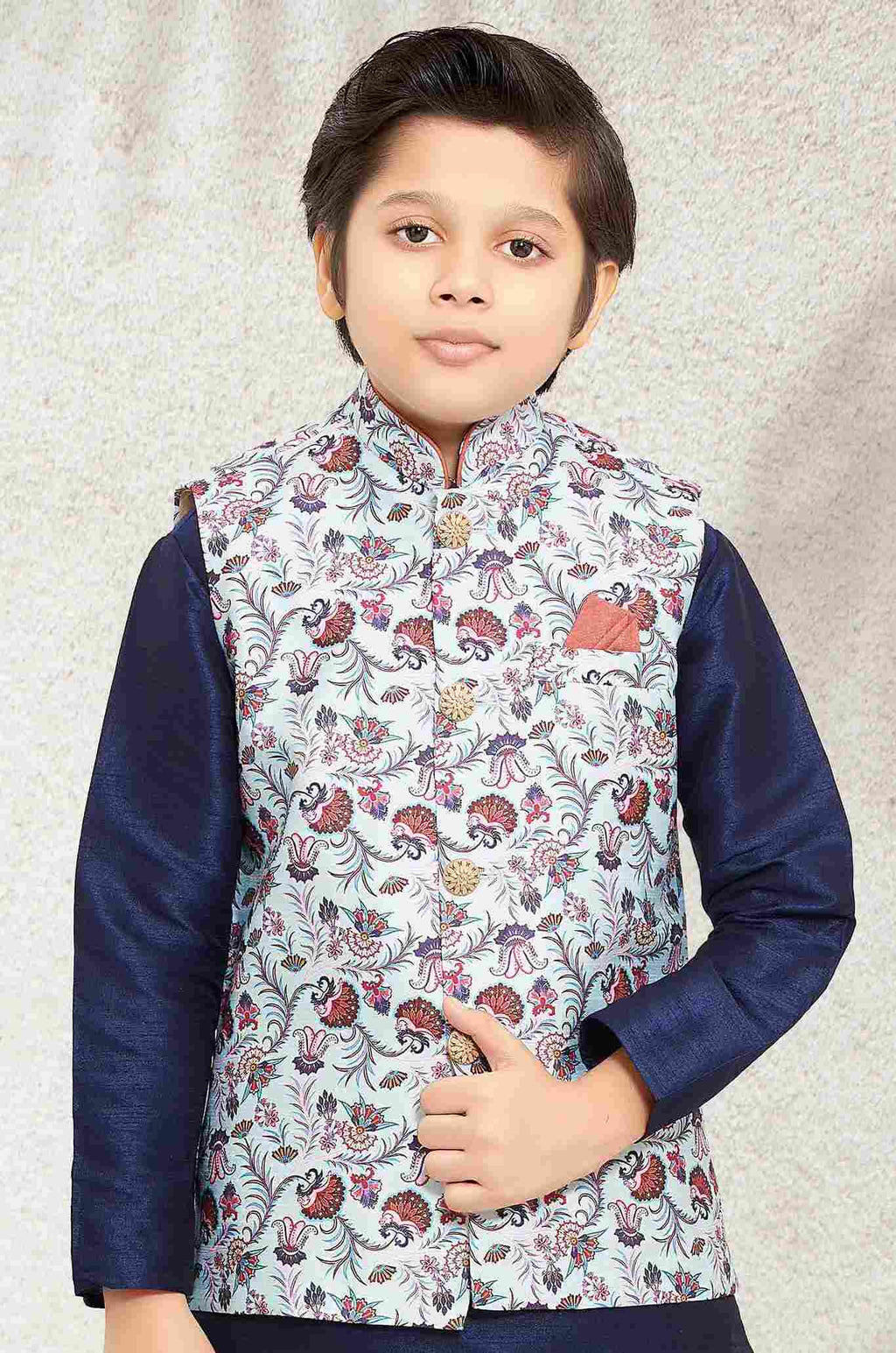Raivat Ethnic Banarasi Silk Digital Printed Kurta Pajama With Jacket In Sky Blue Colour - Distacart