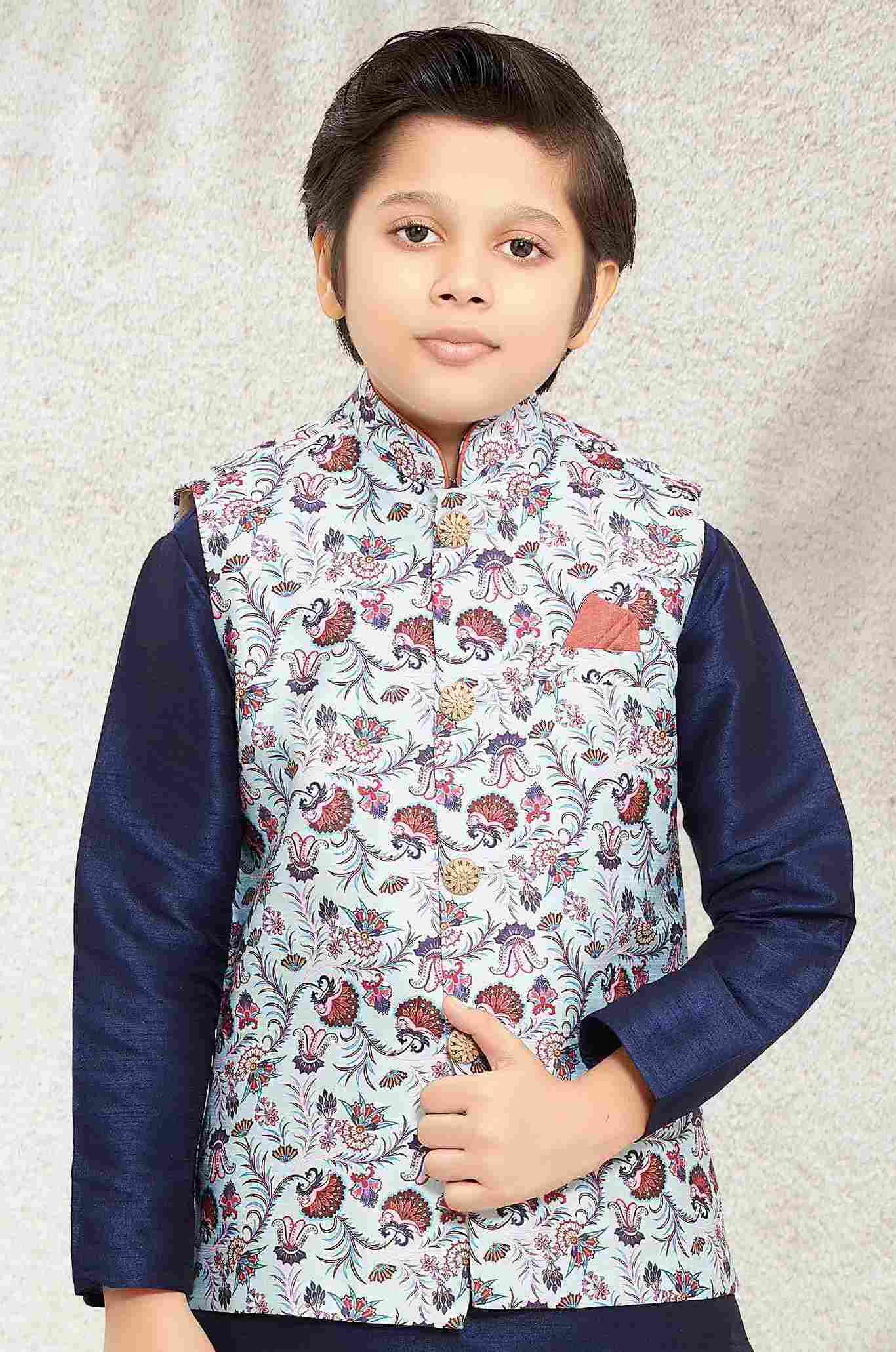 Raivat Ethnic Banarasi Silk Digital Printed Kurta Pajama With Jacket In Sky Blue Colour - Distacart