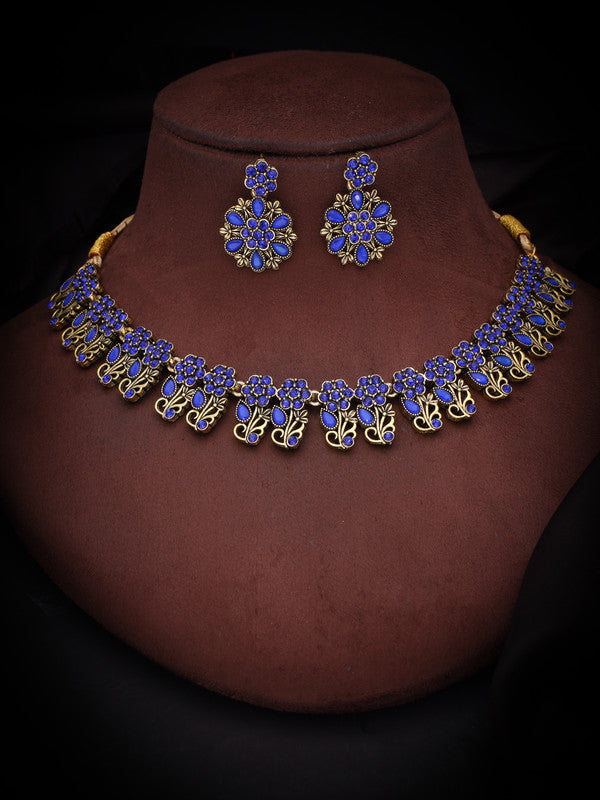 Tehzeeb Creations Luxurious Gold Polished Blue Colour Choker Necklace Set With Matching Earrings