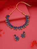 Tehzeeb Creations Luxurious Gold Polished Blue Colour Choker Necklace Set With Matching Earrings