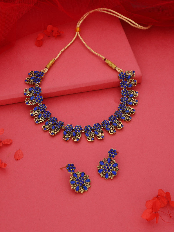 Tehzeeb Creations Luxurious Gold Polished Blue Colour Choker Necklace Set With Matching Earrings