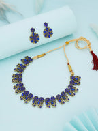 Tehzeeb Creations Luxurious Gold Polished Blue Colour Choker Necklace Set With Matching Earrings