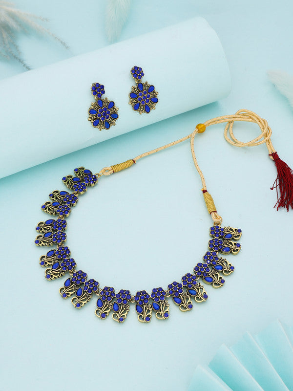 Tehzeeb Creations Luxurious Gold Polished Blue Colour Choker Necklace Set With Matching Earrings