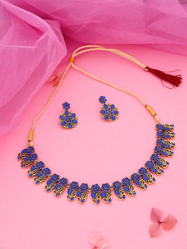 Tehzeeb Creations Luxurious Gold Polished Blue Colour Choker Necklace Set With Matching Earrings
