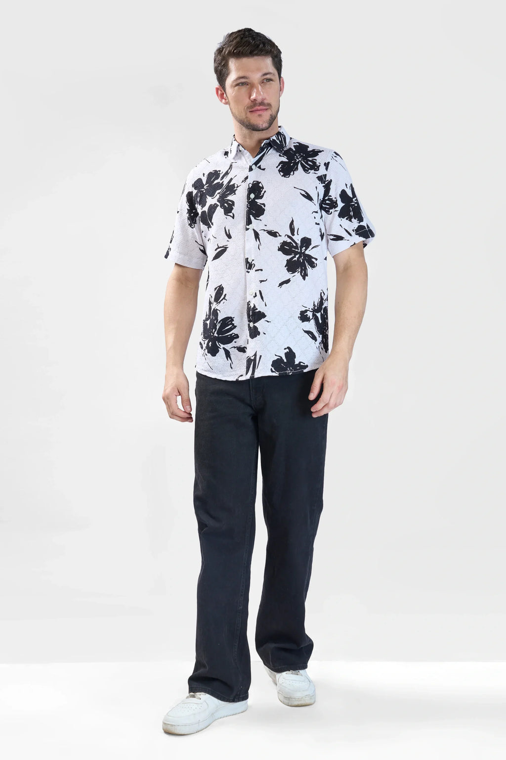 Xkind White Floral Printed Textured Regular Fit Shirt