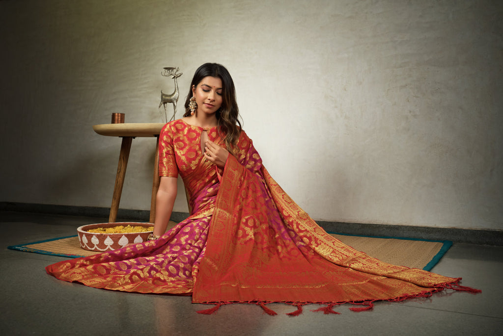 Vardha Magenta Pink Golden Zari Diamond Cross Checks Banarasi Chiffon Saree