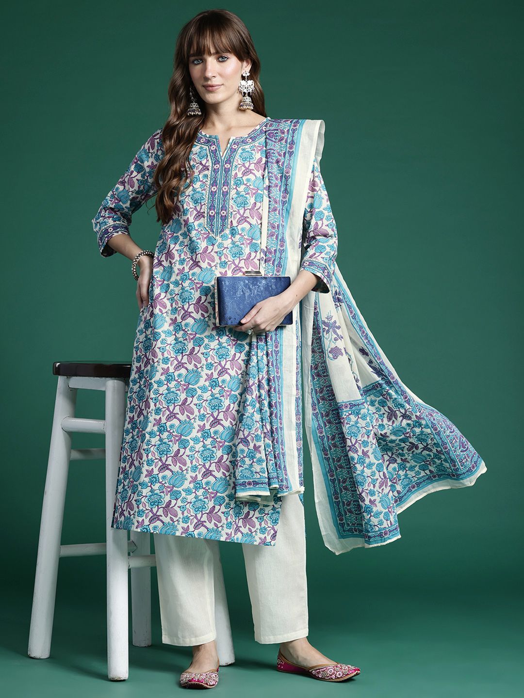 Indo Era Floral Printed Regular Pure Cotton Kurta with Trousers & Dupatta - Distacart