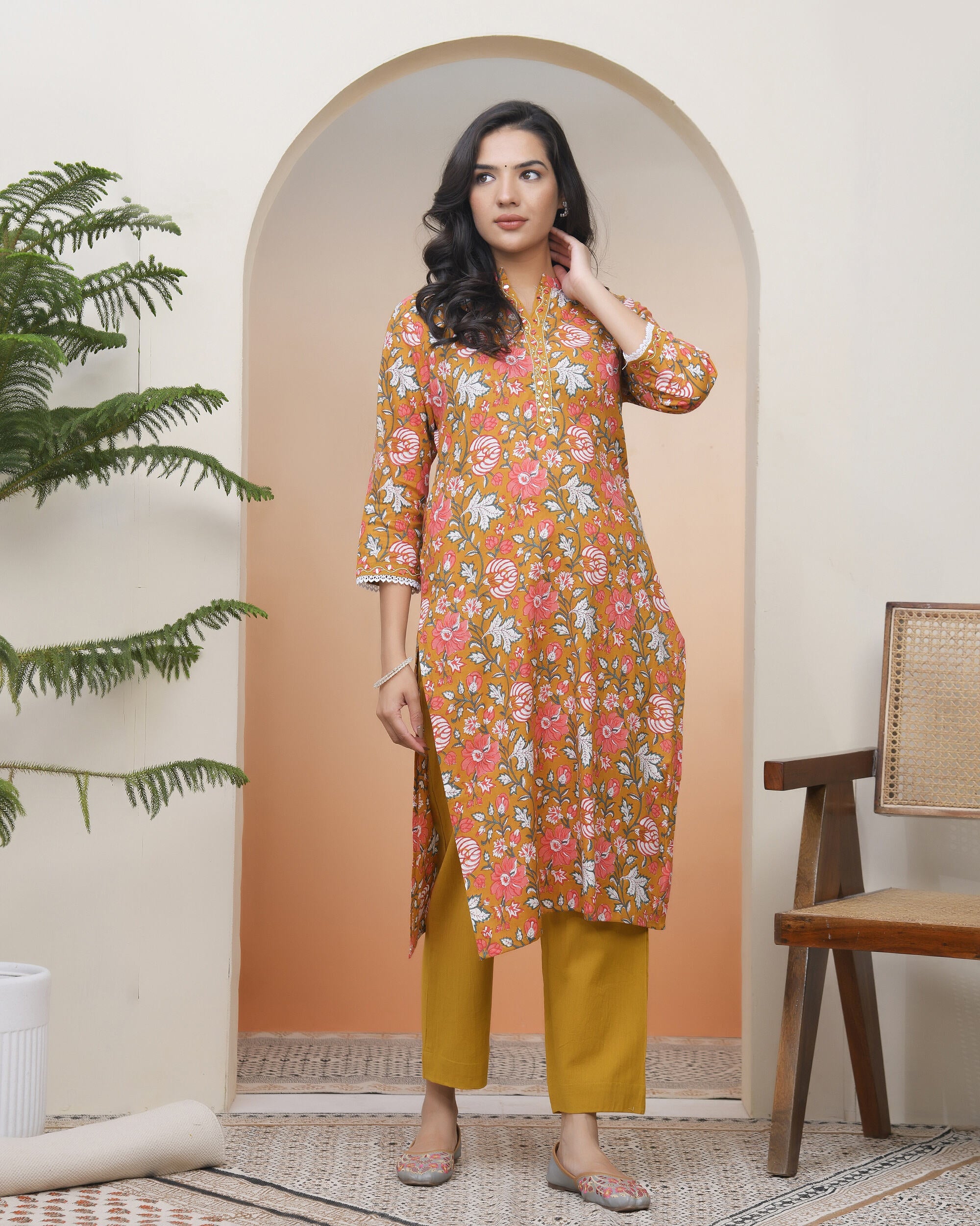 Vaasva Women Mustard Cotton Printed Straight Kurti