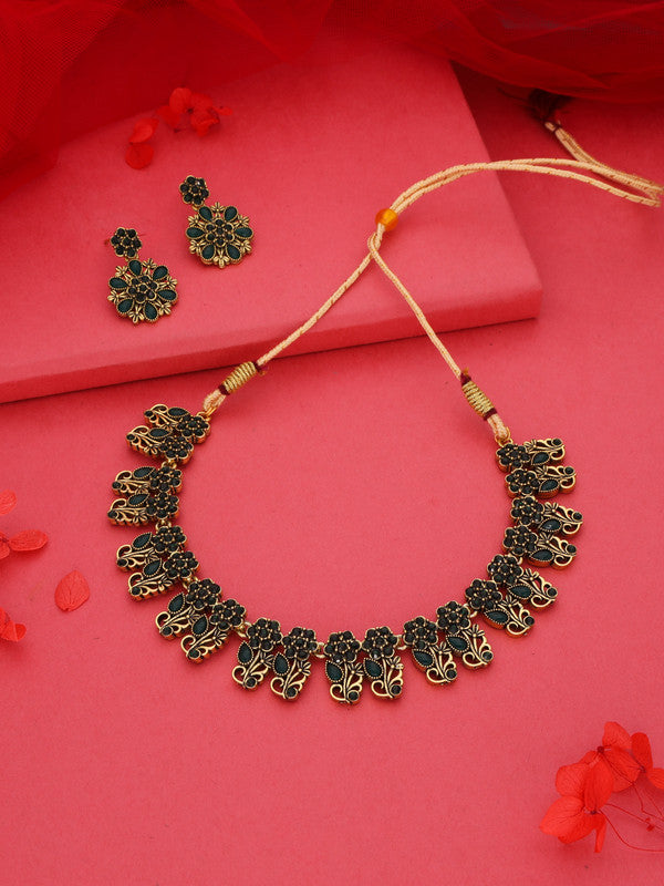 Tehzeeb Creations Luxurious Gold Polished Green Colour Choker Necklace Set With Matching Earrings