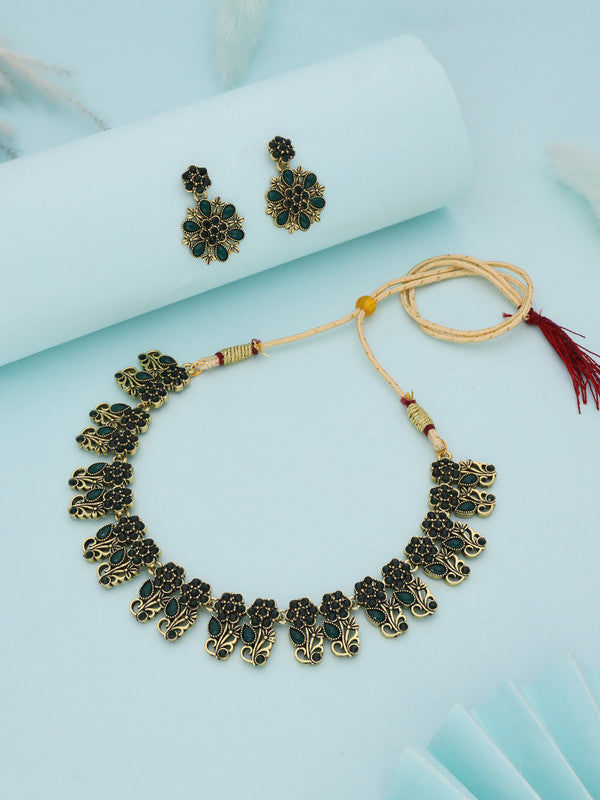 Tehzeeb Creations Luxurious Gold Polished Green Colour Choker Necklace Set With Matching Earrings