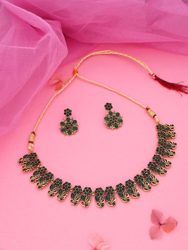 Tehzeeb Creations Luxurious Gold Polished Green Colour Choker Necklace Set With Matching Earrings