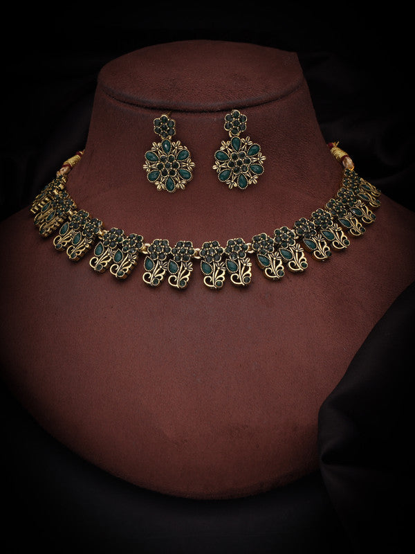 Tehzeeb Creations Luxurious Gold Polished Green Colour Choker Necklace Set With Matching Earrings