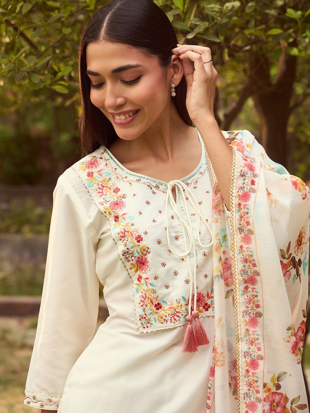 Indo Era White Floral Yoke Design Tie-Up Neck Straight Kurta With Trousers & Dupatta - Distacart