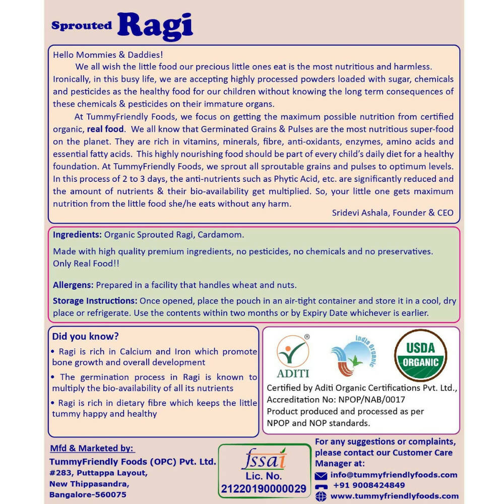 TummyFriendly Foods Certified Organic Sprouted Ragi Porridge Mix - Distacart