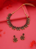 Tehzeeb Creations Luxurious Gold Polished Maroon Colour Choker Necklace Set With Matching Earrings