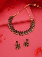 Tehzeeb Creations Luxurious Gold Polished Maroon Colour Choker Necklace Set With Matching Earrings