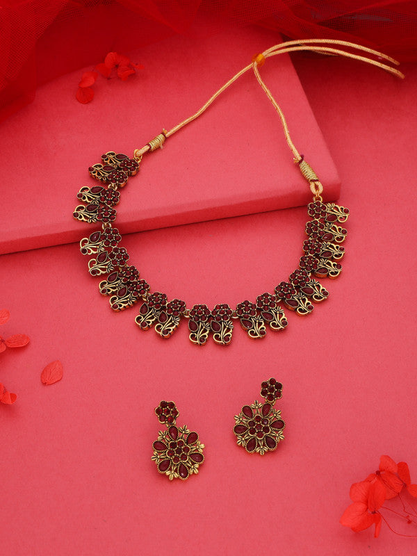 Tehzeeb Creations Luxurious Gold Polished Maroon Colour Choker Necklace Set With Matching Earrings