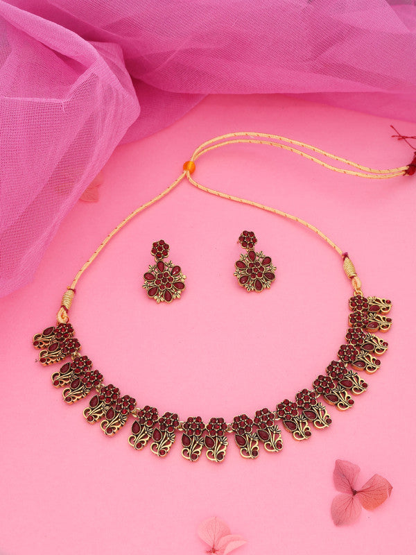 Tehzeeb Creations Luxurious Gold Polished Maroon Colour Choker Necklace Set With Matching Earrings