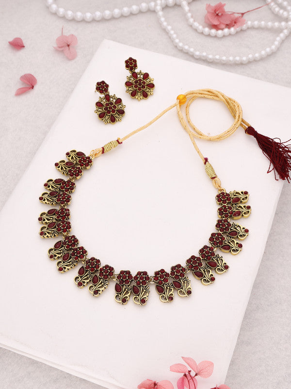 Tehzeeb Creations Luxurious Gold Polished Maroon Colour Choker Necklace Set With Matching Earrings