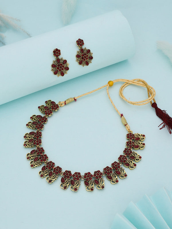Tehzeeb Creations Luxurious Gold Polished Maroon Colour Choker Necklace Set With Matching Earrings