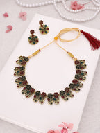 Tehzeeb Creations Luxurious Gold Polished Maroon & Green Colour Choker Necklace Set With Matching Earrings