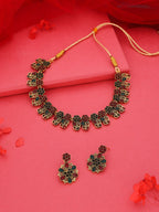 Tehzeeb Creations Luxurious Gold Polished Maroon & Green Colour Choker Necklace Set With Matching Earrings