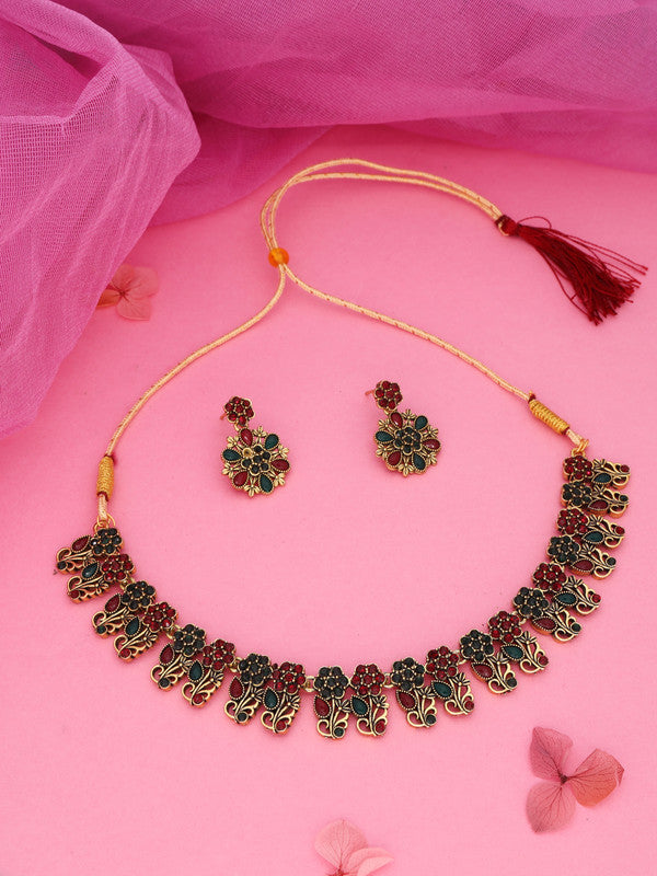 Tehzeeb Creations Luxurious Gold Polished Maroon & Green Colour Choker Necklace Set With Matching Earrings