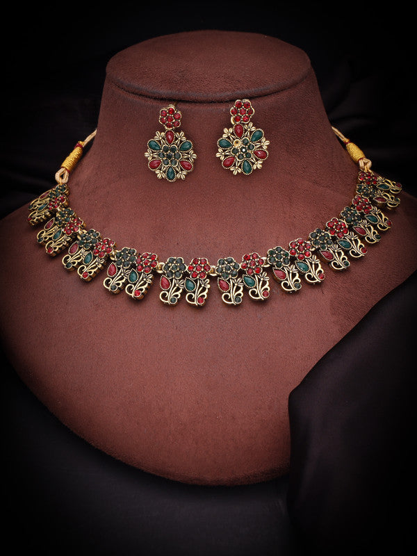 Tehzeeb Creations Luxurious Gold Polished Maroon & Green Colour Choker Necklace Set With Matching Earrings