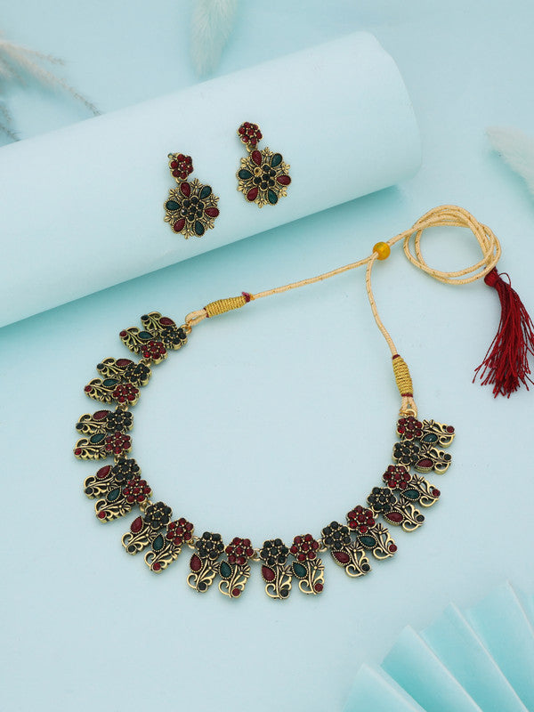 Tehzeeb Creations Luxurious Gold Polished Maroon & Green Colour Choker Necklace Set With Matching Earrings