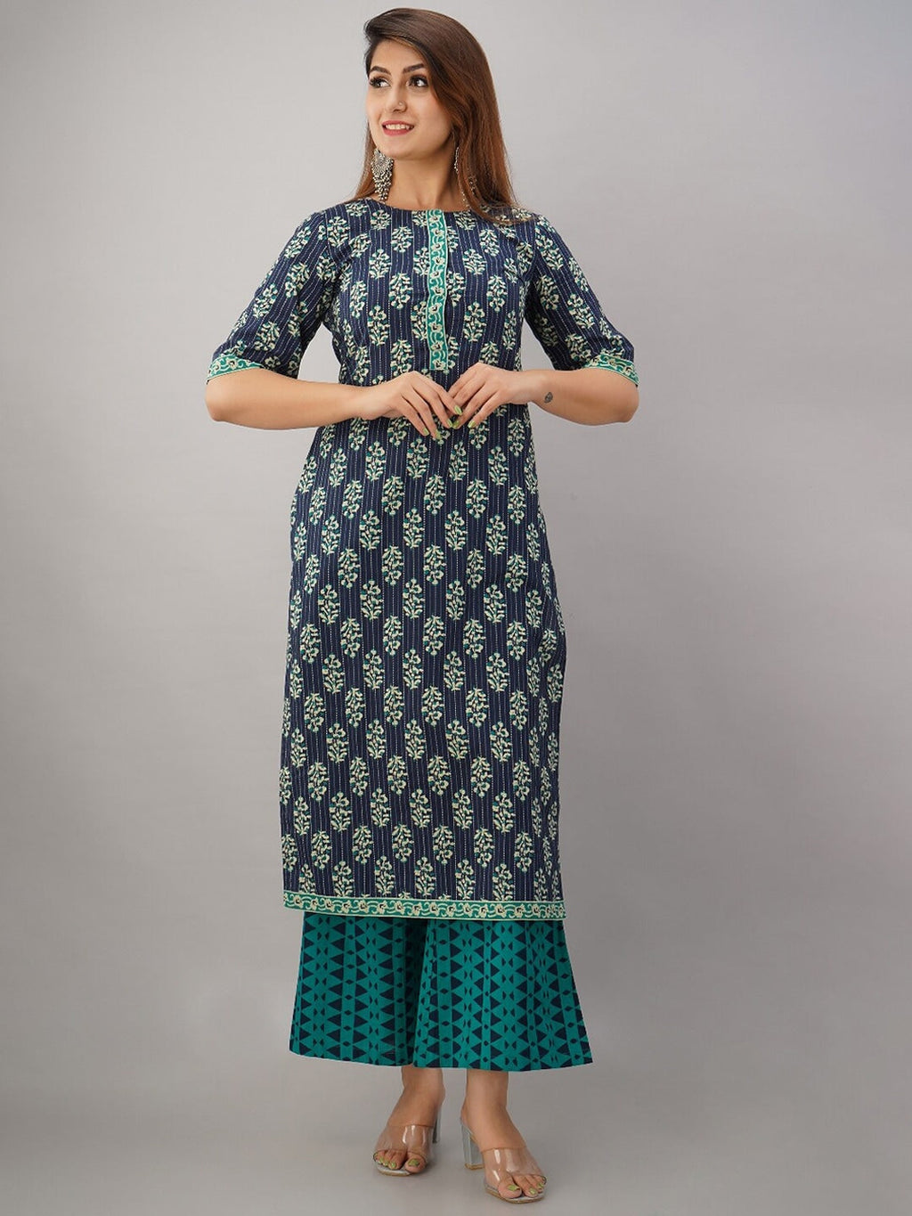HERE&NOW Turquoise Blue Floral Printed Regular Kurta with Palazzos