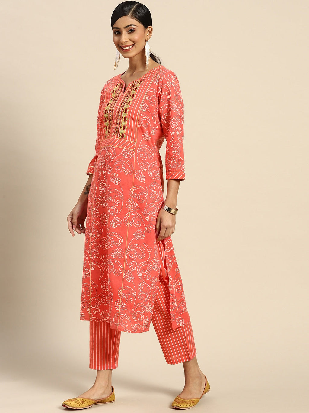 Sangria Women Peach-Coloured Ethnic Printed Mirror Work Pure Cotton Kurta with Trousers