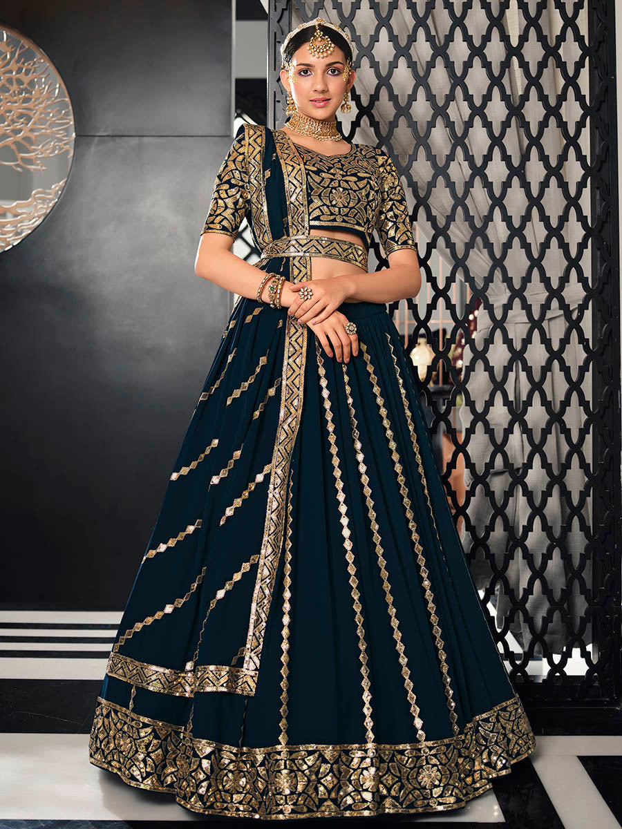 Myra Teal Blue Georgette Embroidered Designer Lehenga