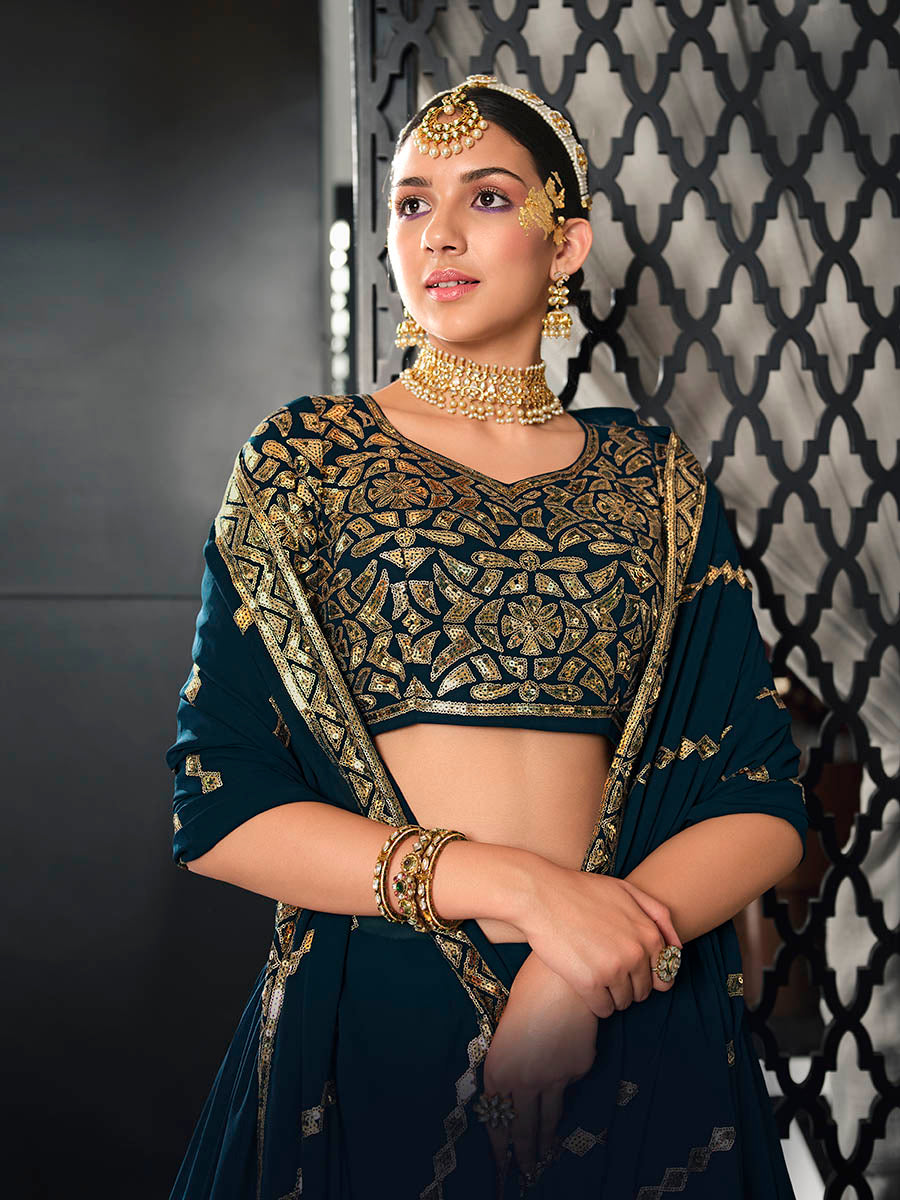 Myra Teal Blue Georgette Embroidered Designer Lehenga