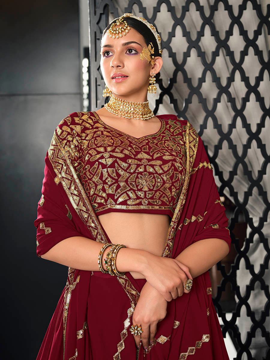 Myra Maroon Georgette Embroidered Designer Lehenga