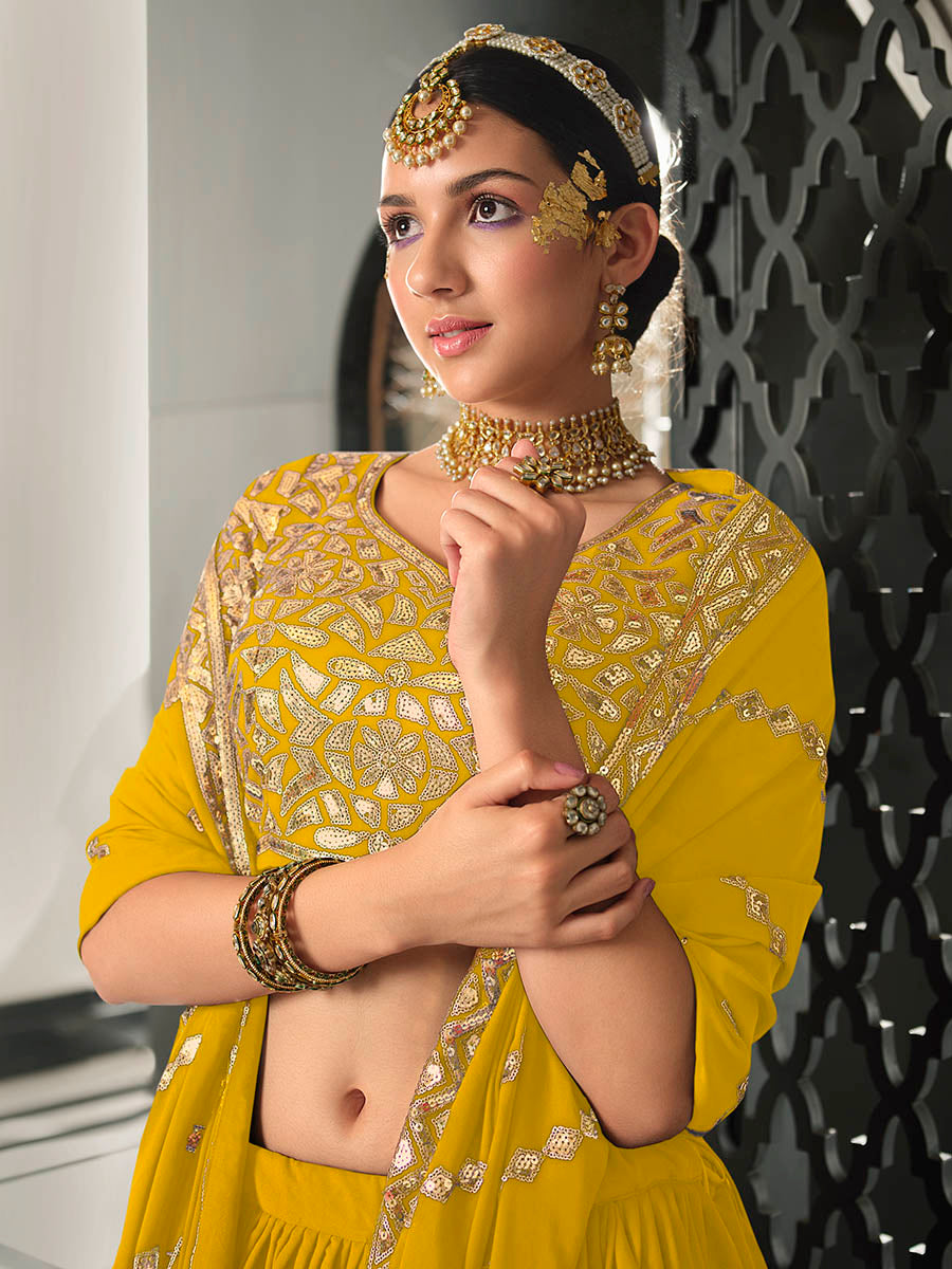 Myra Yellow Georgette Embroidered Designer Lehenga
