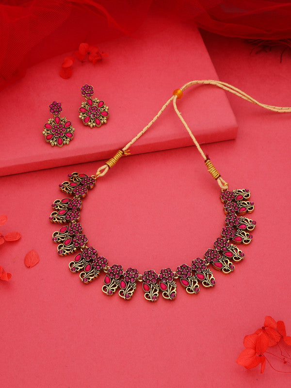 Tehzeeb Creations Luxurious Gold Polished Pink Colour Choker Necklace Set With Matching Earrings