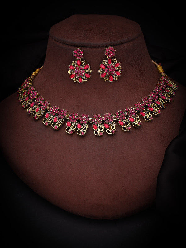 Tehzeeb Creations Luxurious Gold Polished Pink Colour Choker Necklace Set With Matching Earrings