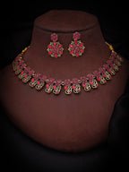 Tehzeeb Creations Luxurious Gold Polished Pink Colour Choker Necklace Set With Matching Earrings