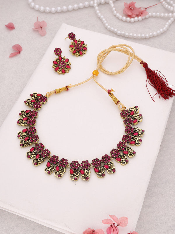 Tehzeeb Creations Luxurious Gold Polished Pink Colour Choker Necklace Set With Matching Earrings