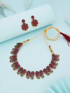 Tehzeeb Creations Luxurious Gold Polished Pink Colour Choker Necklace Set With Matching Earrings
