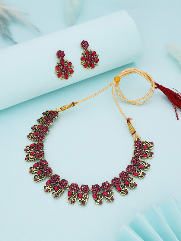 Tehzeeb Creations Luxurious Gold Polished Pink Colour Choker Necklace Set With Matching Earrings