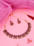 Tehzeeb Creations Luxurious Gold Polished Pink Colour Choker Necklace Set With Matching Earrings