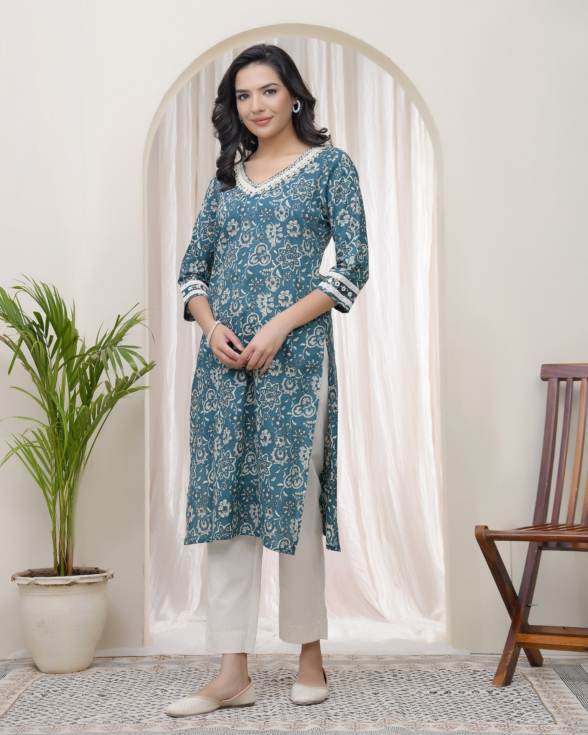 Vaasva Women Ferozi Cotton Printed Straight Kurti - Distacart