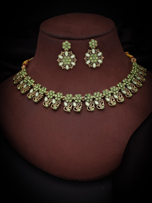 Tehzeeb Creations Luxurious Gold Polished Sea Green Colour Choker Necklace Set With Matching Earrings