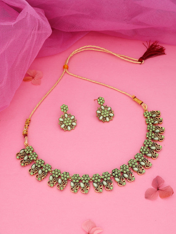 Tehzeeb Creations Luxurious Gold Polished Sea Green Colour Choker Necklace Set With Matching Earrings