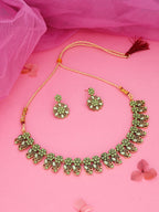Tehzeeb Creations Luxurious Gold Polished Sea Green Colour Choker Necklace Set With Matching Earrings