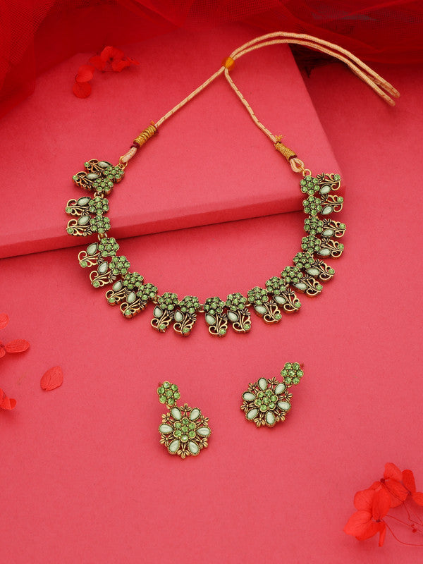 Tehzeeb Creations Luxurious Gold Polished Sea Green Colour Choker Necklace Set With Matching Earrings