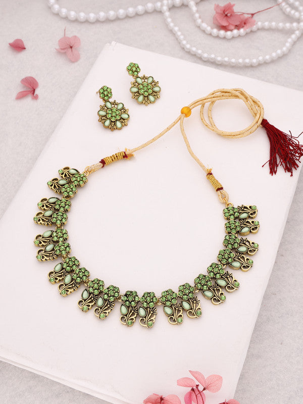 Tehzeeb Creations Luxurious Gold Polished Sea Green Colour Choker Necklace Set With Matching Earrings
