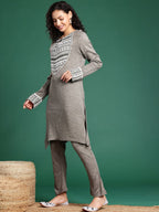 Sangria Printed Keyhole Neck Kurta with Trousers